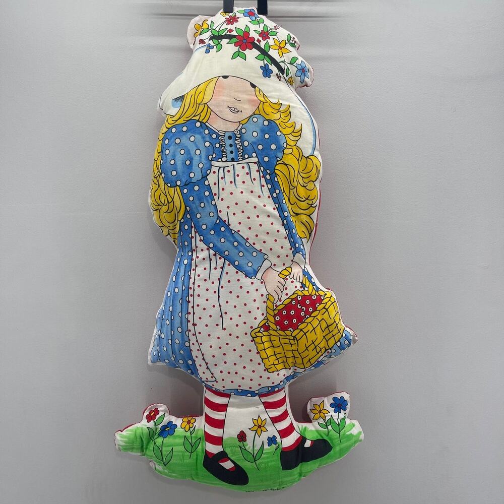 Whimsical Girl Pillow with Basket - Blue and Yellow